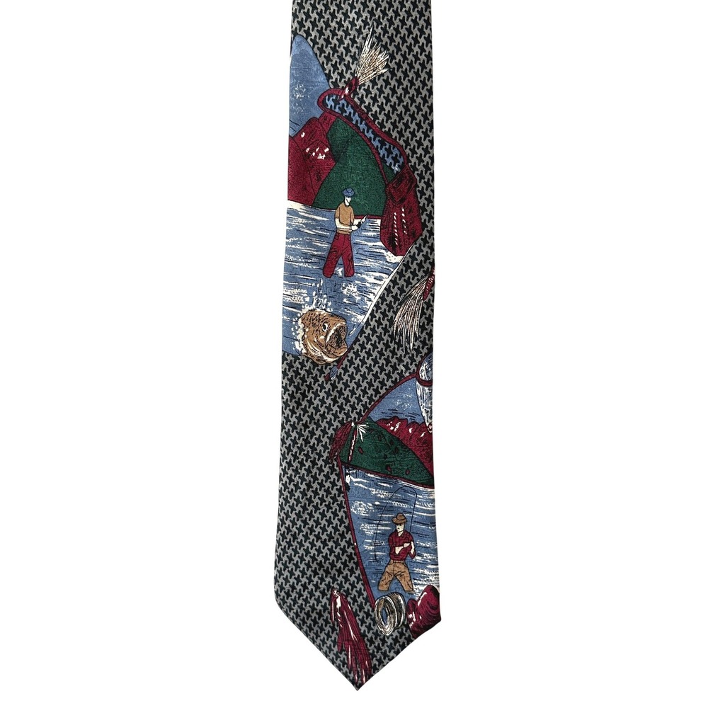 VTG MomentoUno Fly Fishing Tie Silk Houndstooth Wide 3.5 Angler Novelty 90s 3.5"